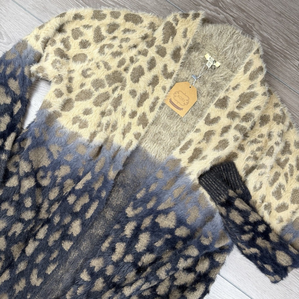 Kori America Women's Animal Print Fuzzy Open Cardigan Tan Blue M/L New